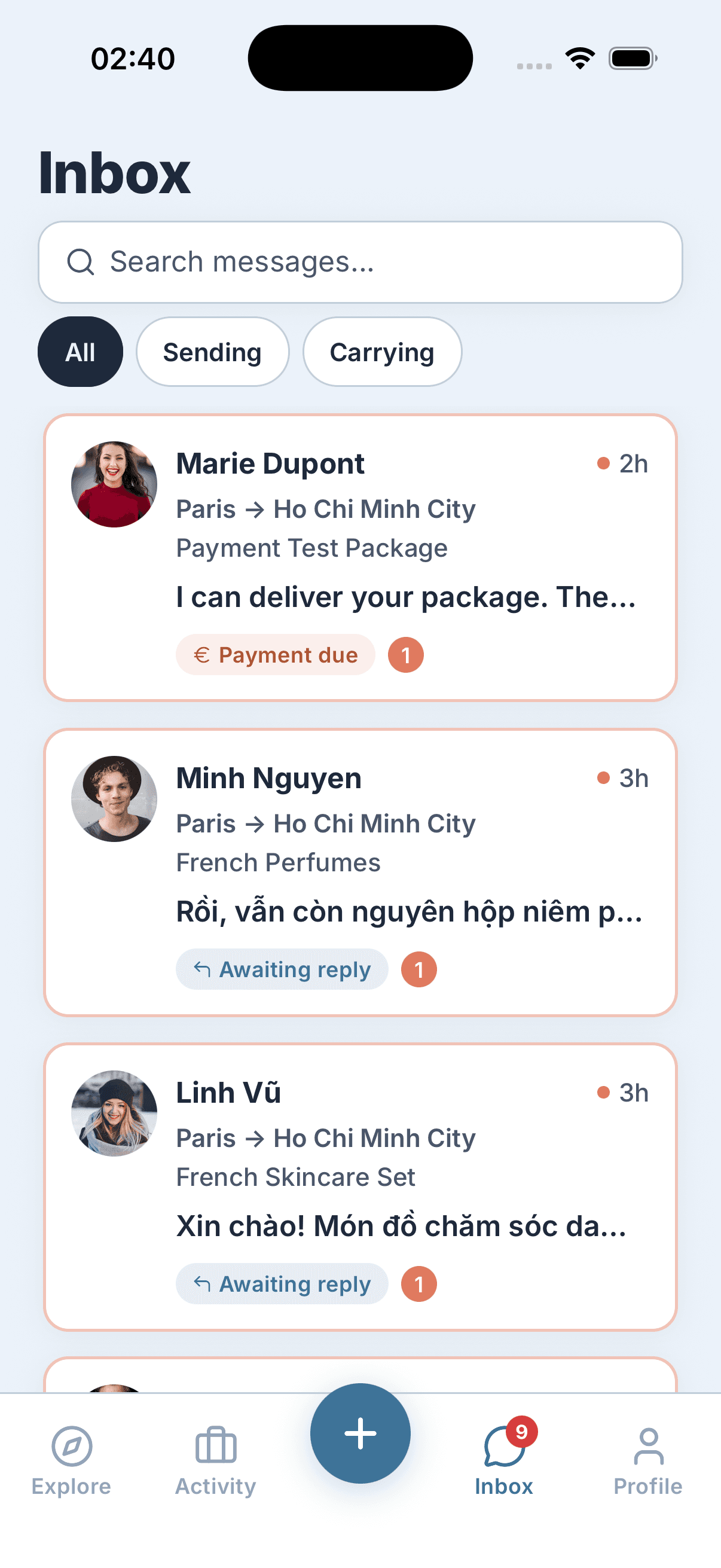 Messages in the iCarry app