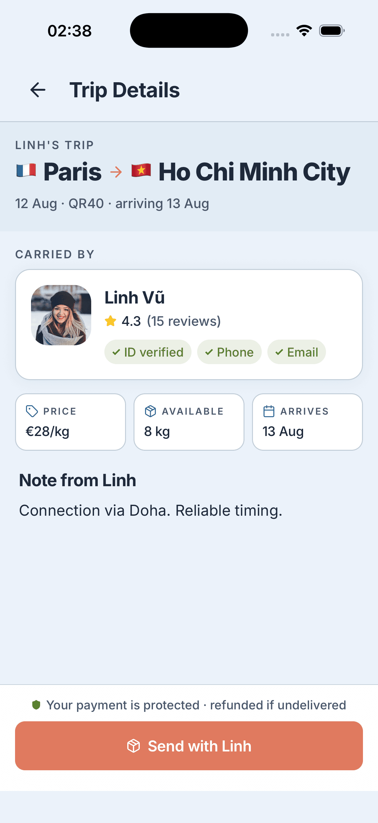 Trip details in the iCarry app