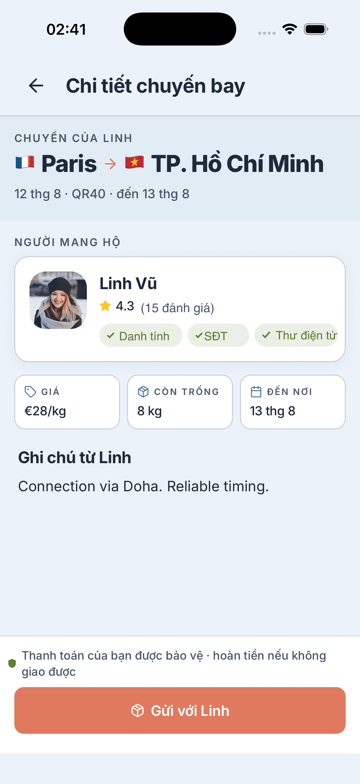 Chi tiết chuyến bay trong ứng dụng iCarry